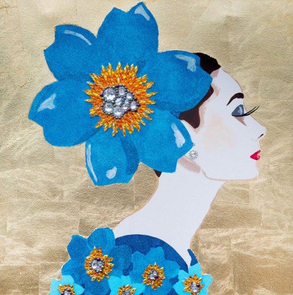 Audrey with Blue Flower Headdress and Gold Leaf Background