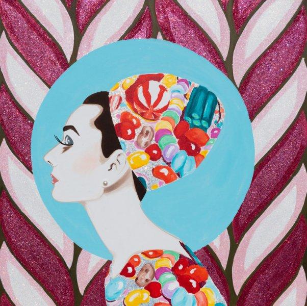 Audrey with Candy Headdress and Candy Cane Background