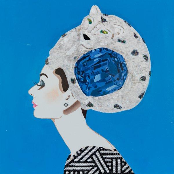 Audrey with Silver Panther Blue Diamond Headdress and Blue Background