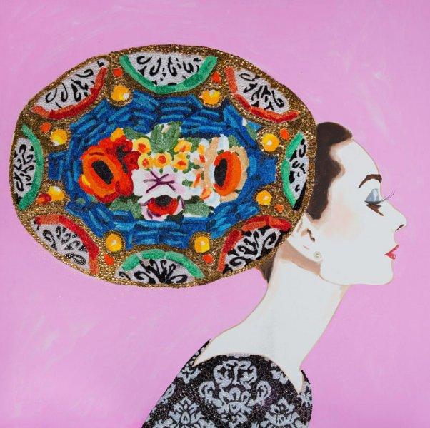 Audrey with Vintage Millefiori Headdress and Pink Background