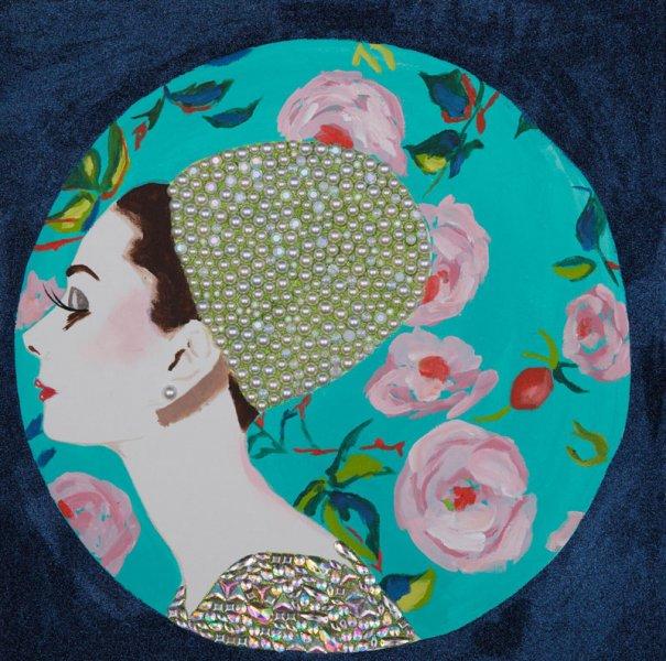 Audrey with Floral Circle Vignette and Navy Glittered Background