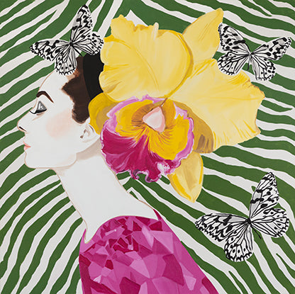 Audrey with Rubelite Dress and Monochrome Butterflies on Green Zebra