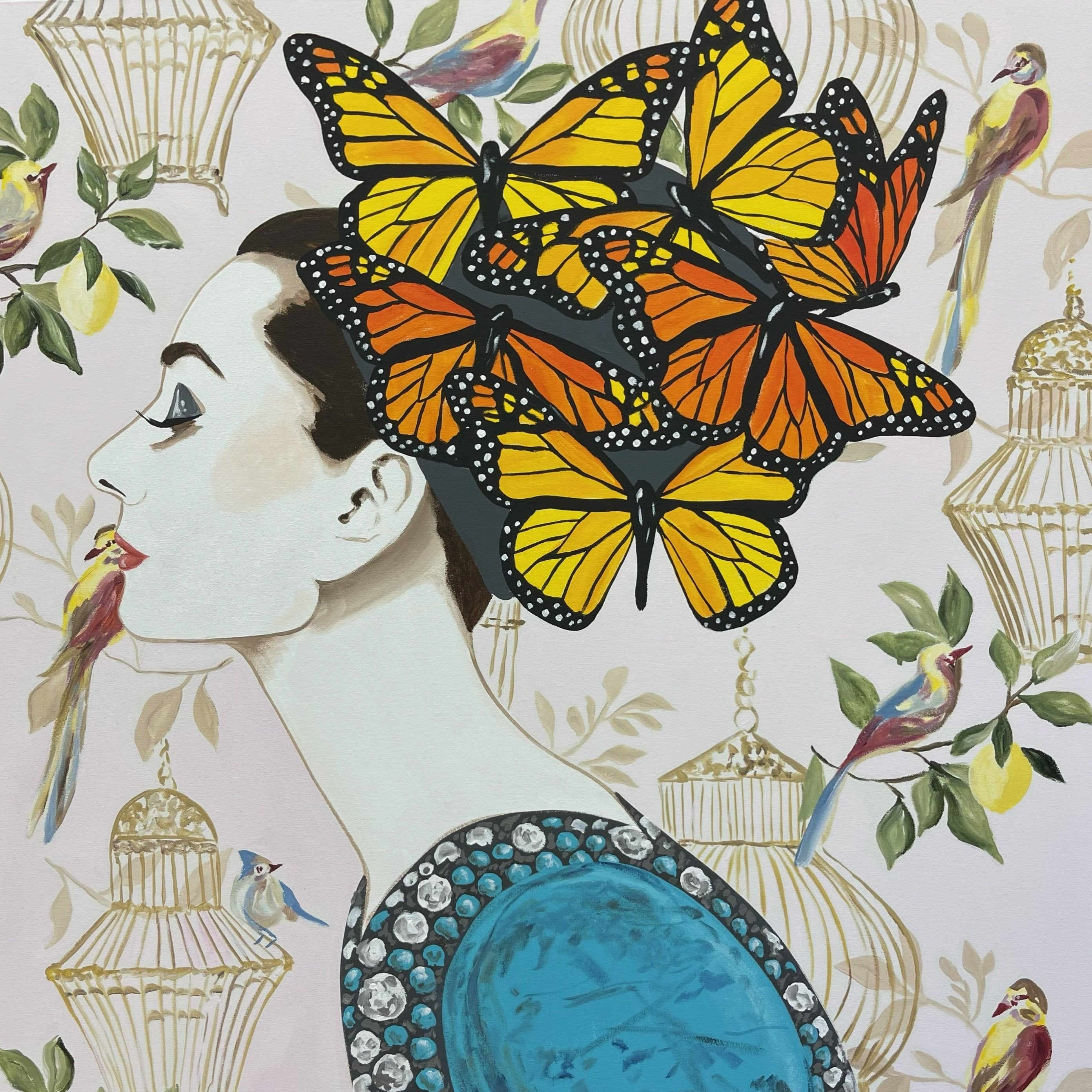 Audrey with Monarch Headdress and Vintage Turquoise Dress