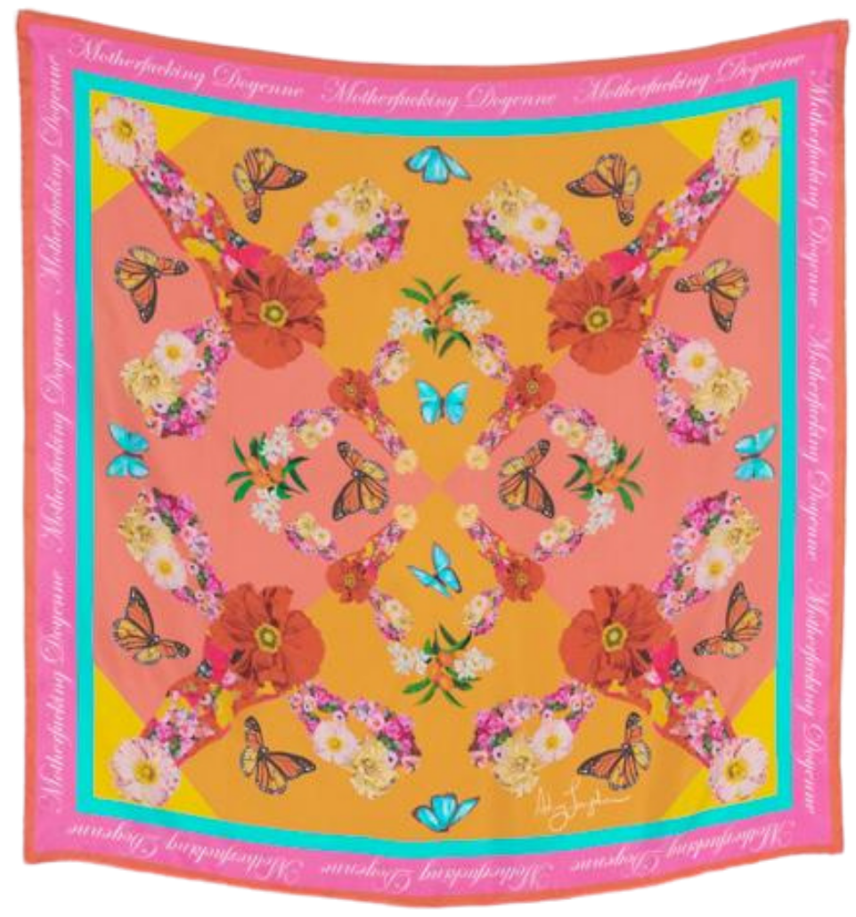 DOYENNE: a woman who is the most respected or prominent person in a particular field.    Repeat after me - I AM A MOTHERFUCKING DOYENNE!!! I will be respected and accomplish anything I put my mind to.... FUCK!!! I love powerful women, and I love this scarf....the butterflies, the flowers, the UTERI, and the powerful message just make me tingle...  35" x 35" 100% Silk Scarf with Hand Rolled Edges. Made in Italy.