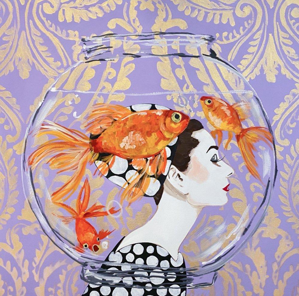 Audrey Fishbowl on Lavender Damask Background