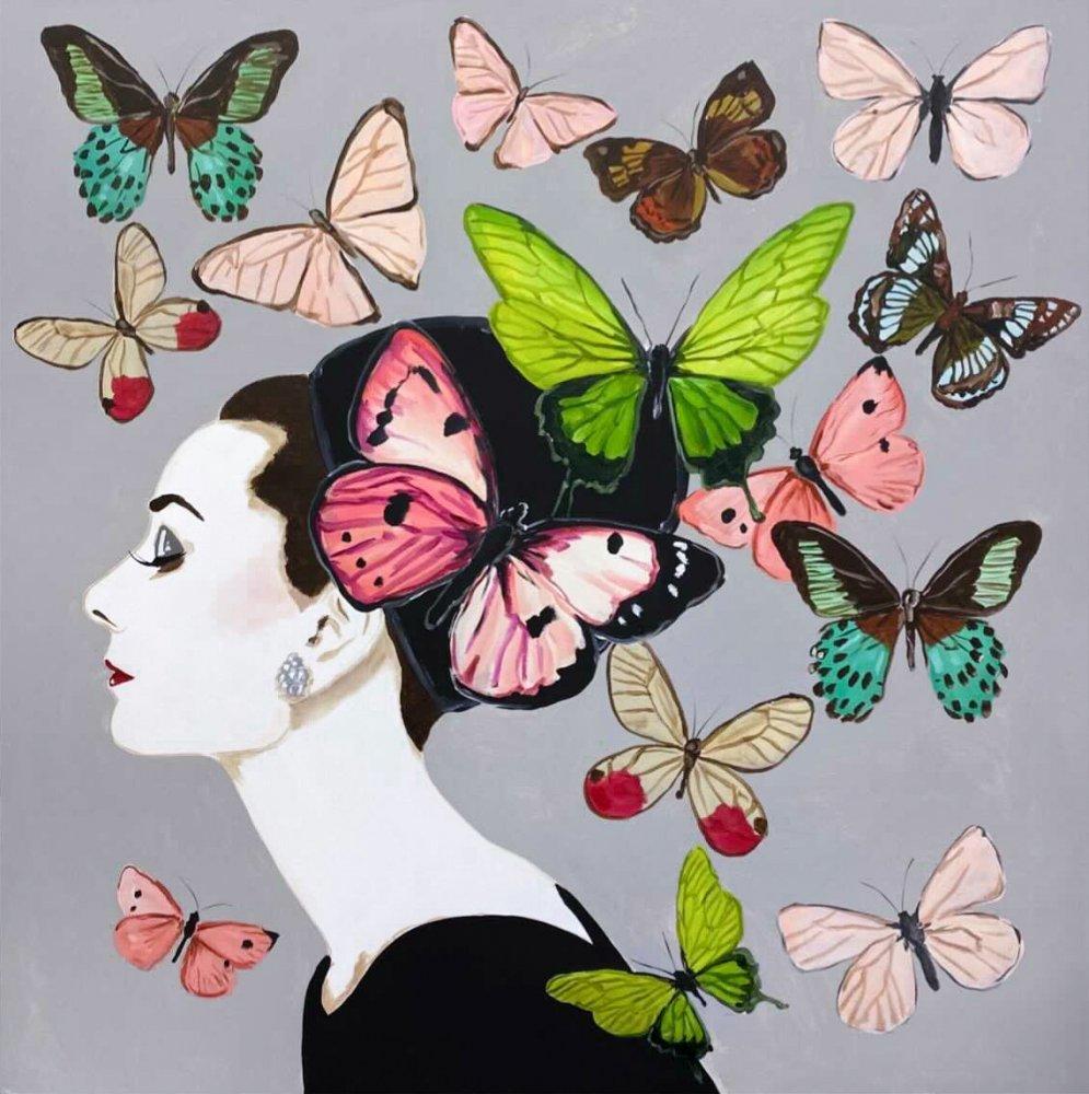 Audrey with Butterfly Swarm on Platinum Background