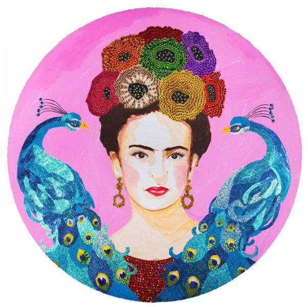 Frida with Floral Headdress, Peacocks, and Pink Background - Circle Cut Out