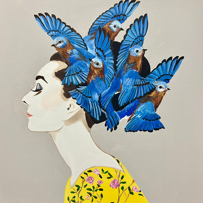 Audrey with Bluebird Swarm and Yellow Floral Dress