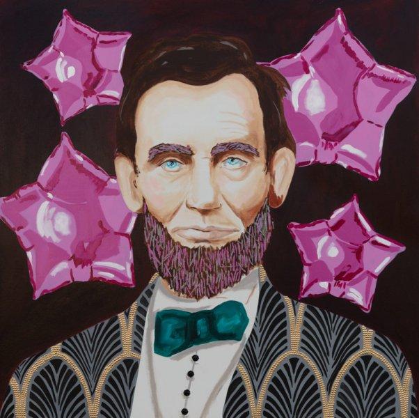 Abe Lincoln with Pink Mylar Balloons