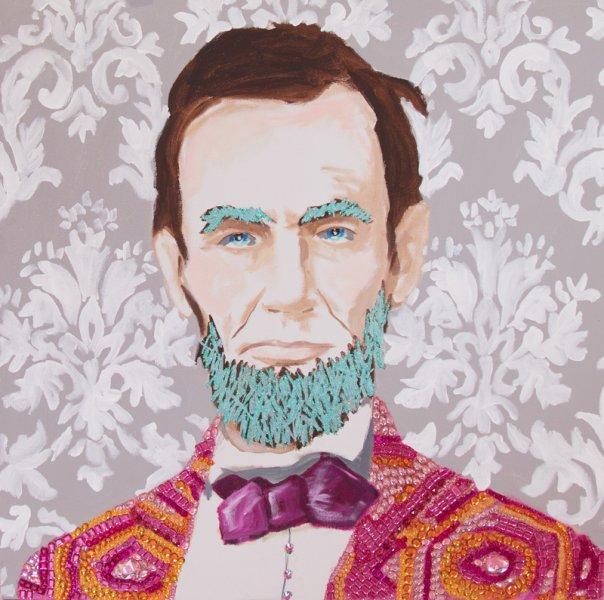 Abe with Damask Background and Turquoise Glittered Beard