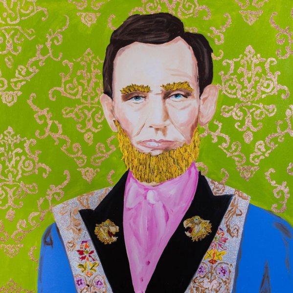 Abe in Gucci Jacket with Lime Green and Gold Damask Background