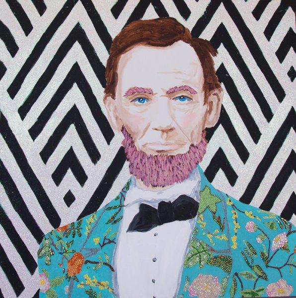 Abraham Lincoln with Gucci Floral Suit, Pink Beard, and Zig Zag Background