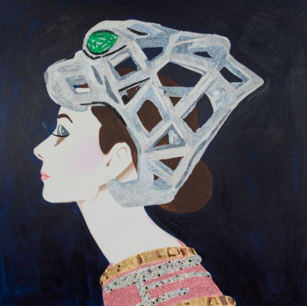 Audrey with Silver Panther Headdress, Bracelet Dress, and Prussian Blue Background