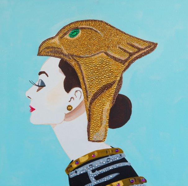 Audrey with Gold Falcon Ring Headdress and Light Blue Background