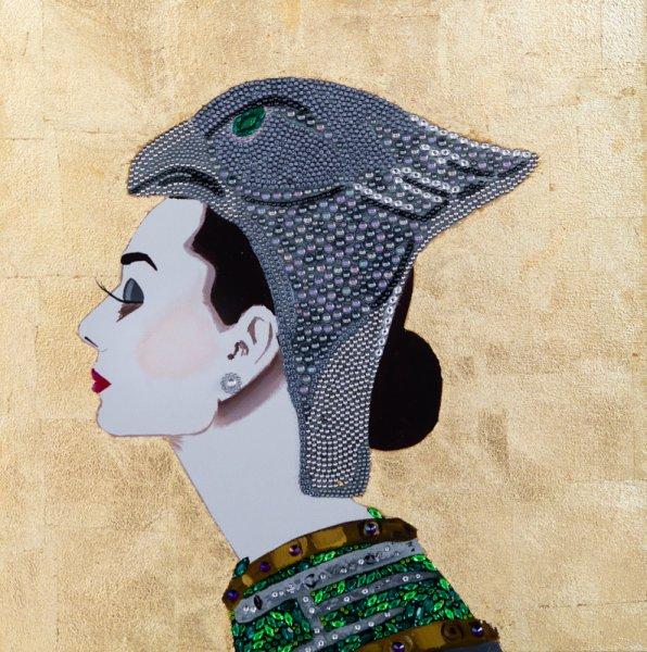 Audrey with Silver Diamond Falcon Headdress, Bracelet Dress on Gold Leaf Background