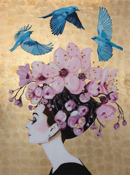 Audrey with Japanese Magnolia Headdress, Three Blue Birds, and Gold Leaf Background