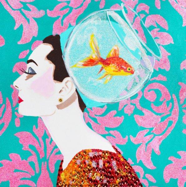 Audrey with Fish Bowl Headdress on Pink and Turquoise Damask Background
