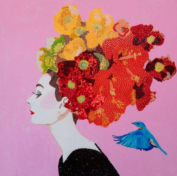 Audrey with Flower Bouquet Headdress, Blue Bird, and Pink Background
