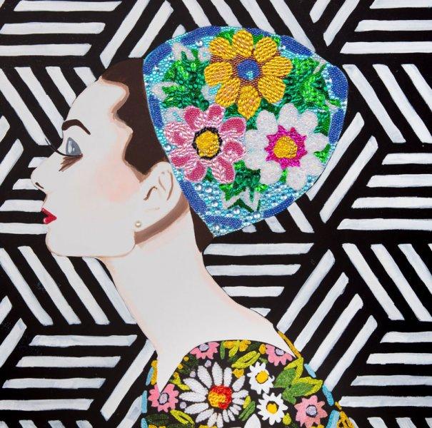 Audrey with Flower Cap And Dress And Black And White Geometric Background
