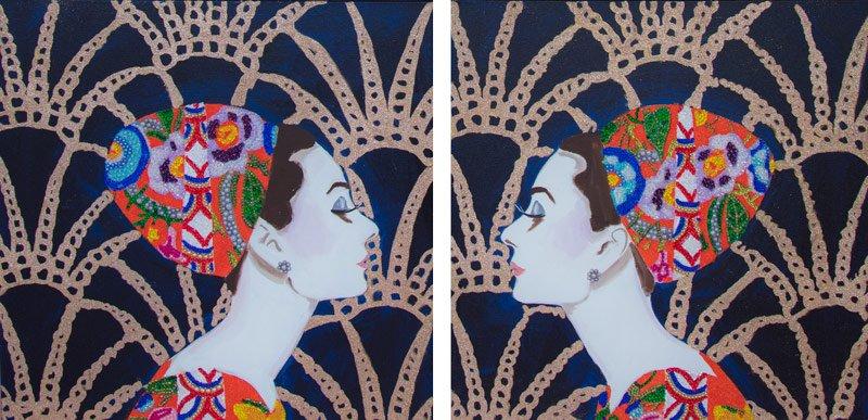 Audrey with Gucci Headdress and Art Deco Damask Background Diptych