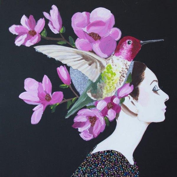 Audrey with Hummingbird and Flowers Headdress on Black Background