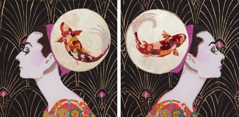 Audrey with Koi Fish Headdress and Art Deco Background Diptych