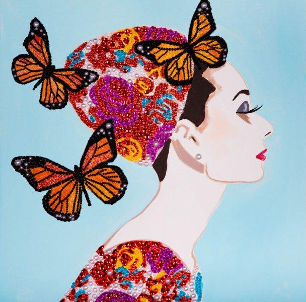 Audrey with Bedazzled Cap and Dress, Three Monarch Butterflies, and Light Blue Background
