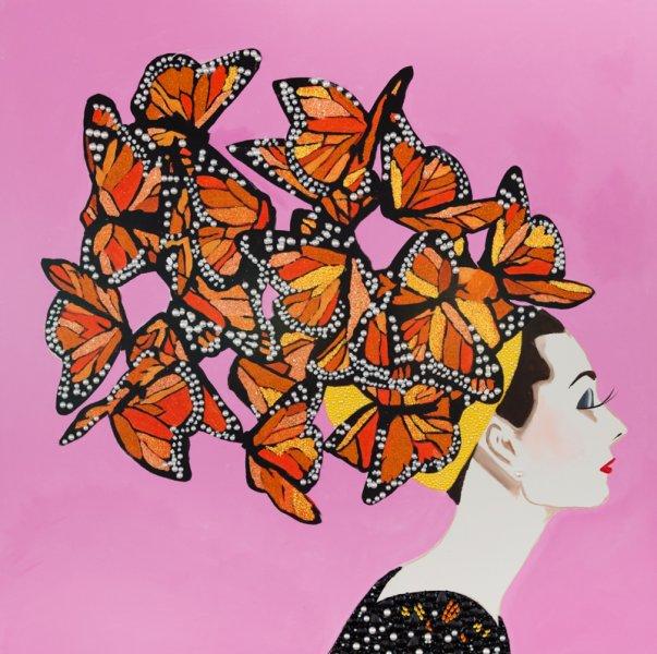 Audrey with Swarming Monarchs and Pink Background