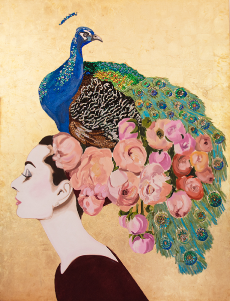Audrey with Peacock and Flower Headdress on Gold Leaf Background