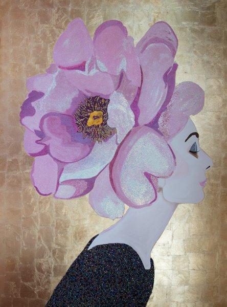 Audrey with Pink Poppy Headdress and Gold Leaf Background