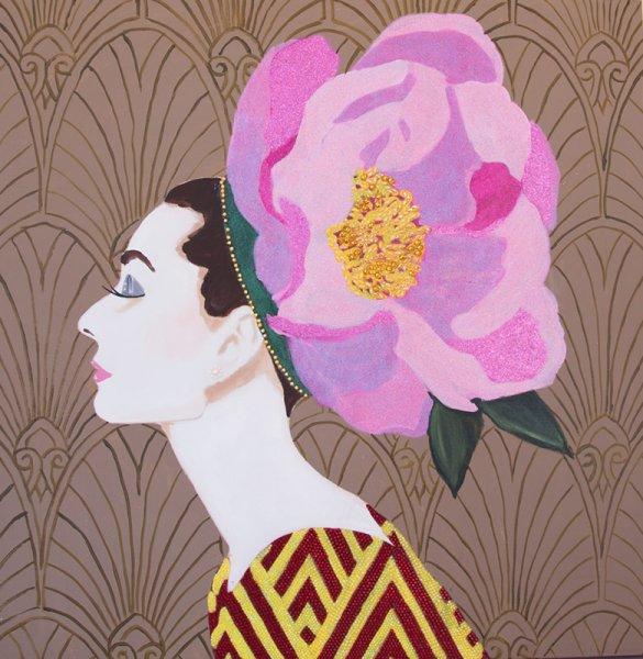 Audrey with Pink Poppy Headdress and Art Deco Damask Background