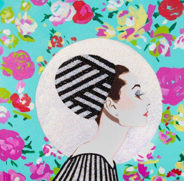Audrey with Floral Background, Silver Vignette, and Black and White Geometric Striped Cap and Dress