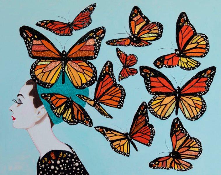 Audrey with Trail of Monarch Butterflies and Light Blue Background