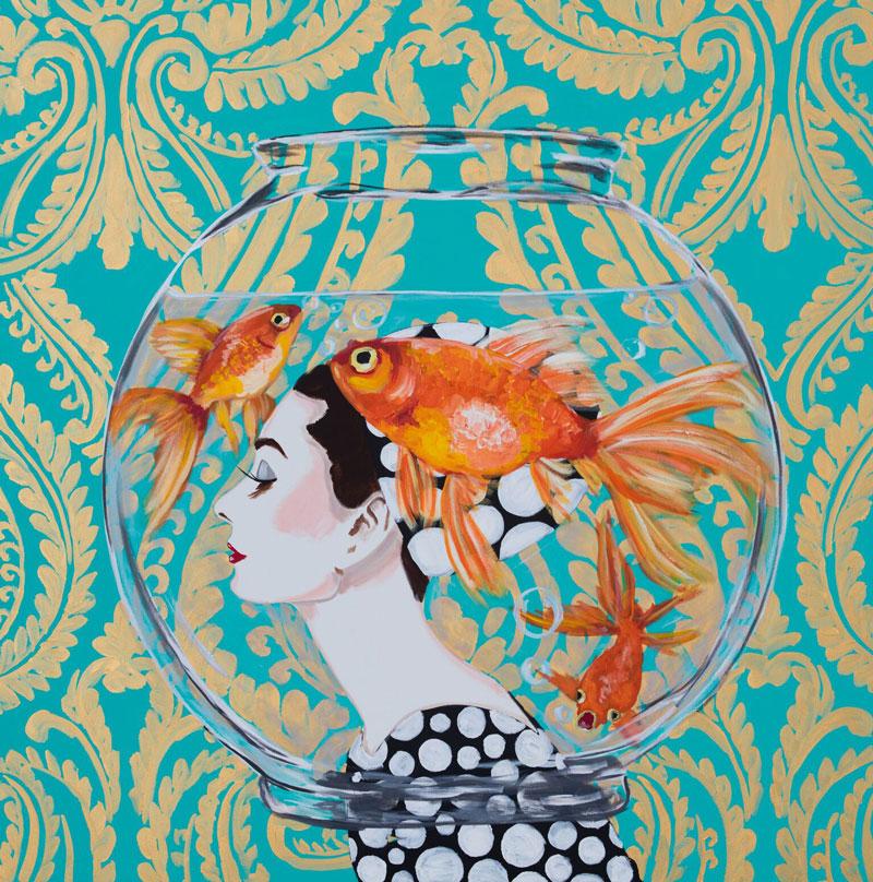 Fishbowl Audrey with Damask Background