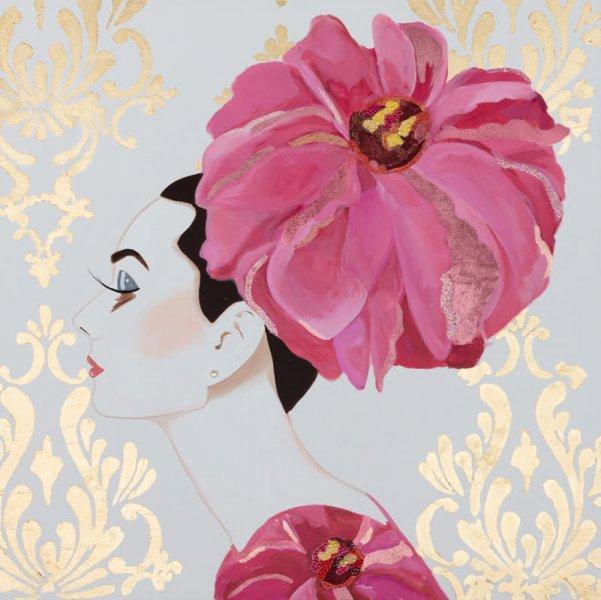 Audrey with Pink Flower Headdress and Gold Leaf Damask Background