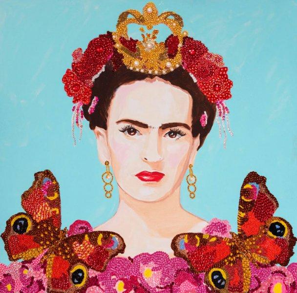 Frida with Crown and Butterflies and Flowers Dress with Light Blue Background