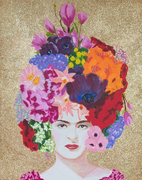 Frida with Flower Bouquet Headdress and Gold Glitter Background