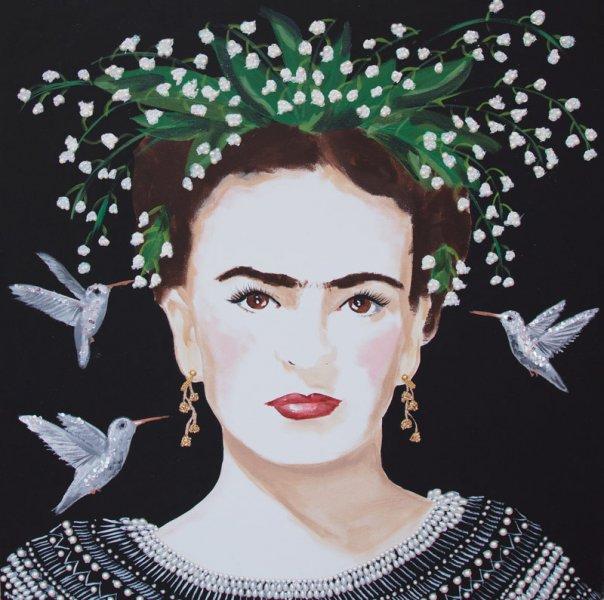 Frida with Lily of the Valley Headdress and White Hummingbirds