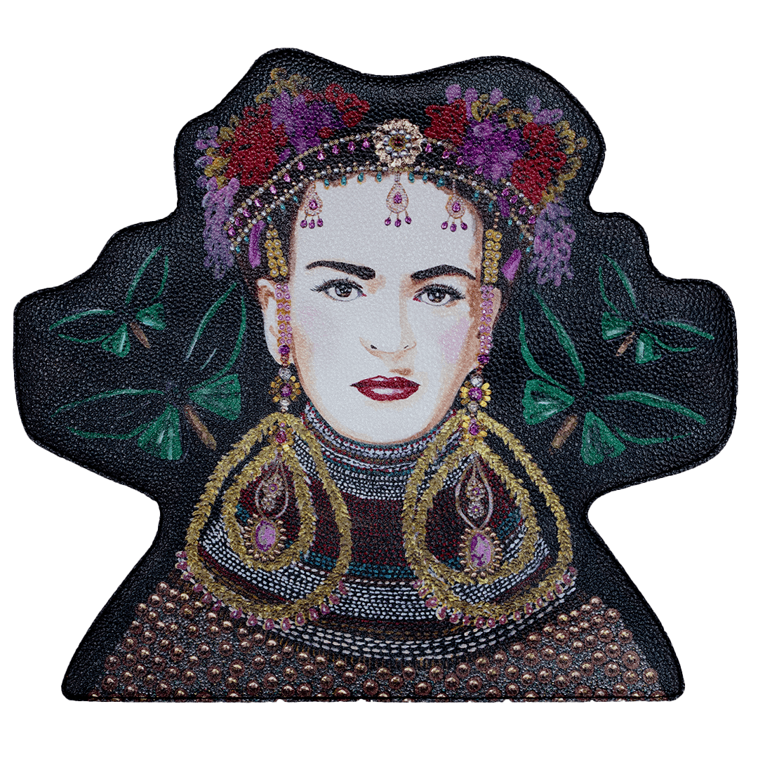 This BOHEMIAN GODDESS OF THE ARTS...FEARLESS AND BEAUTIFUL is ALWAYS a CONVO STARTER on your arm!!!!  SHE IS PERFECT, JUST LIKE U!!! EVERYTHING THAT MADE FRIDA AMAZING IS IN ALL OF YOU!!! AND SO MUCH RANDOM STUFF WILL FIT IN THIS BAG…  Specialty Item -- designed exclusively for YOU from my original art!!!!  Uniquely shaped leather clutch bag with image on the front and contrasting zipper as well as Ashley's Signature on the back. Vegan Leather. Dimensions: 10''. 