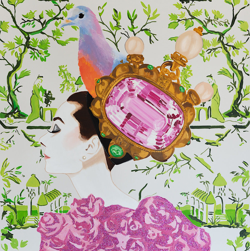 Audrey with Fruit Dove and Pink Diamond Brooch on Green Toile