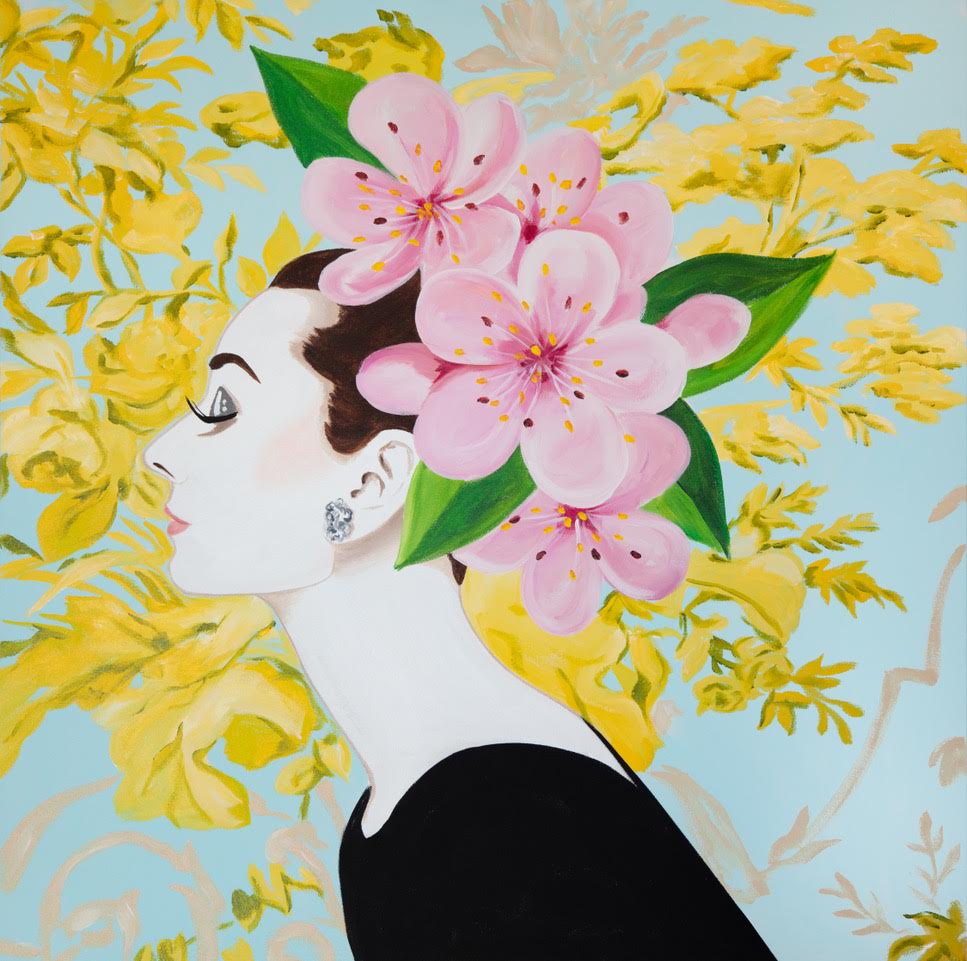 Audrey with Cherry Blossom Headdress on Powder Blue Damask