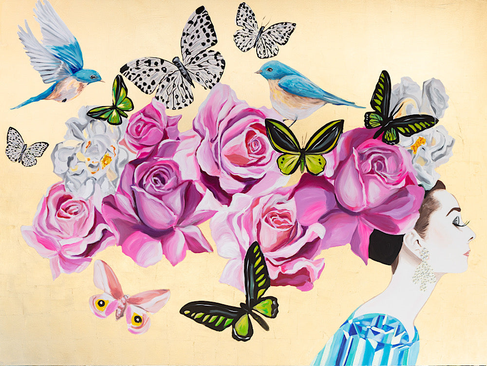 Audrey with Trailing Rose Headdress, Blue Birds and Butterflies on Gold Leaf