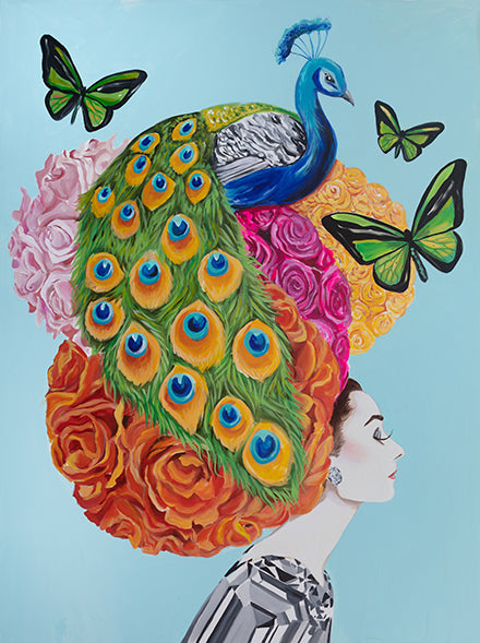 Ashley Longshore painting featuring Audrey with a peacock and birdwing butterflies on her head, and rose pomanders in her hair.