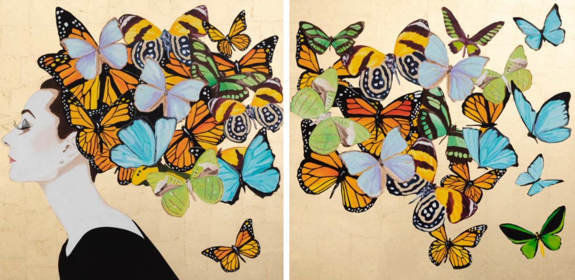 Audrey Diptych with Monarch Butterflies and Tiger Moths