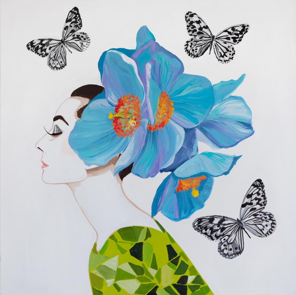 Audrey with Blue Welsh Poppies and Black and White Butterflies