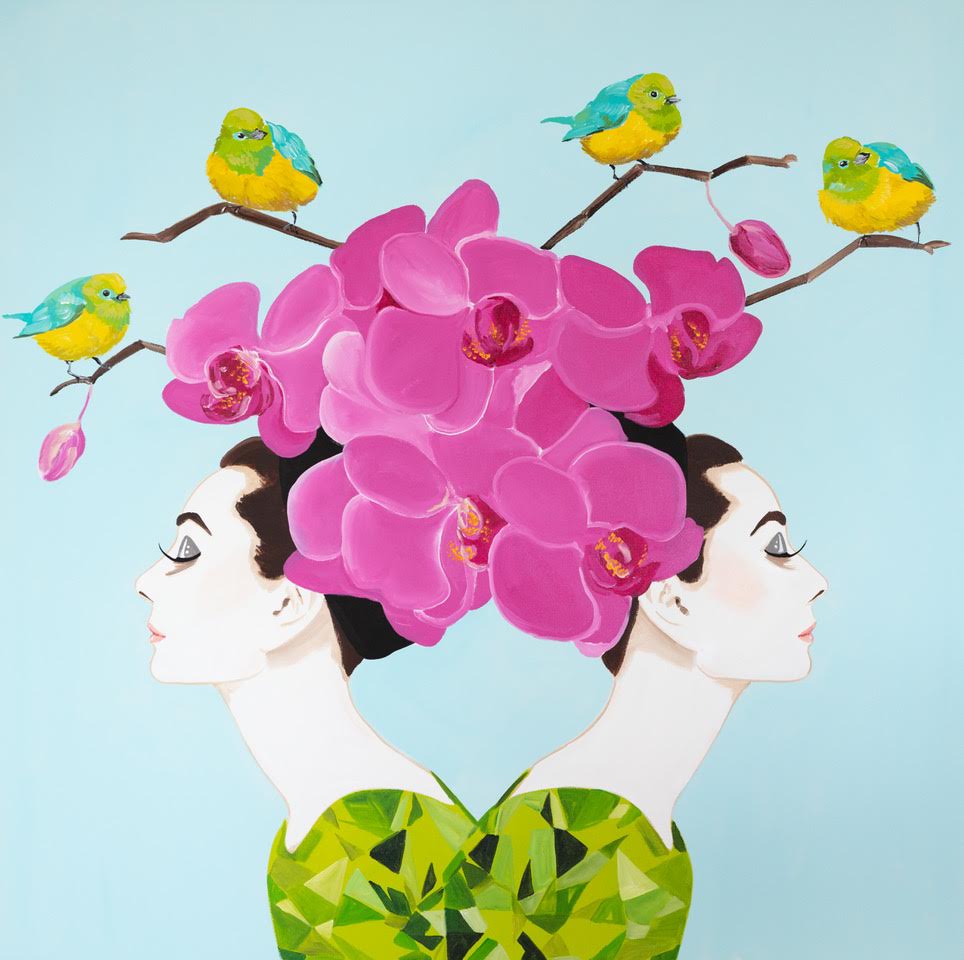 Mirrored Audrey with Moon Orchids and Chlorophonias