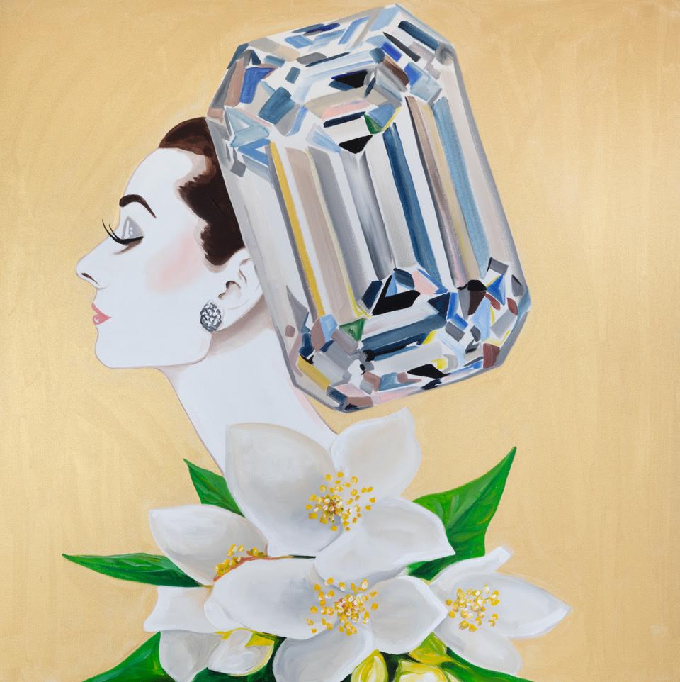 Audrey with Emerald Cut Diamond Headdress and Magnolia Bouquet