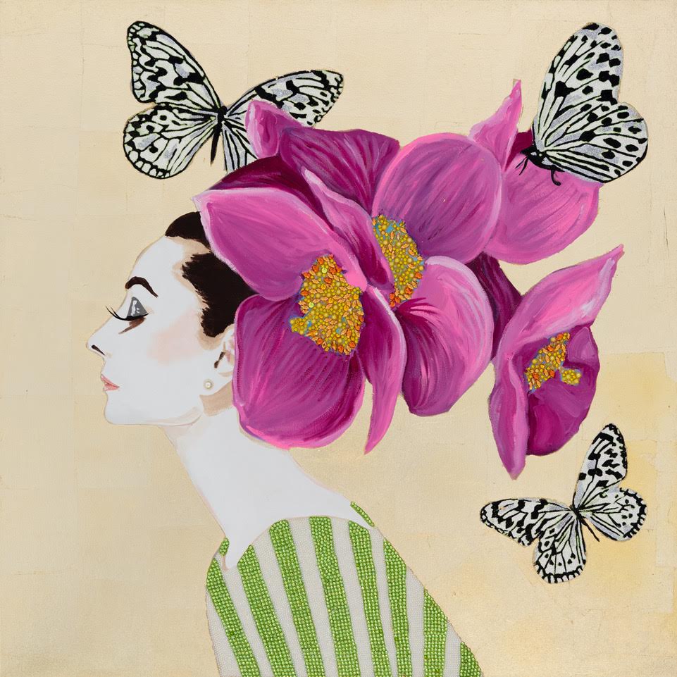 Audrey with Striped Dress and Monochrome Butterflies on Gold Leaf