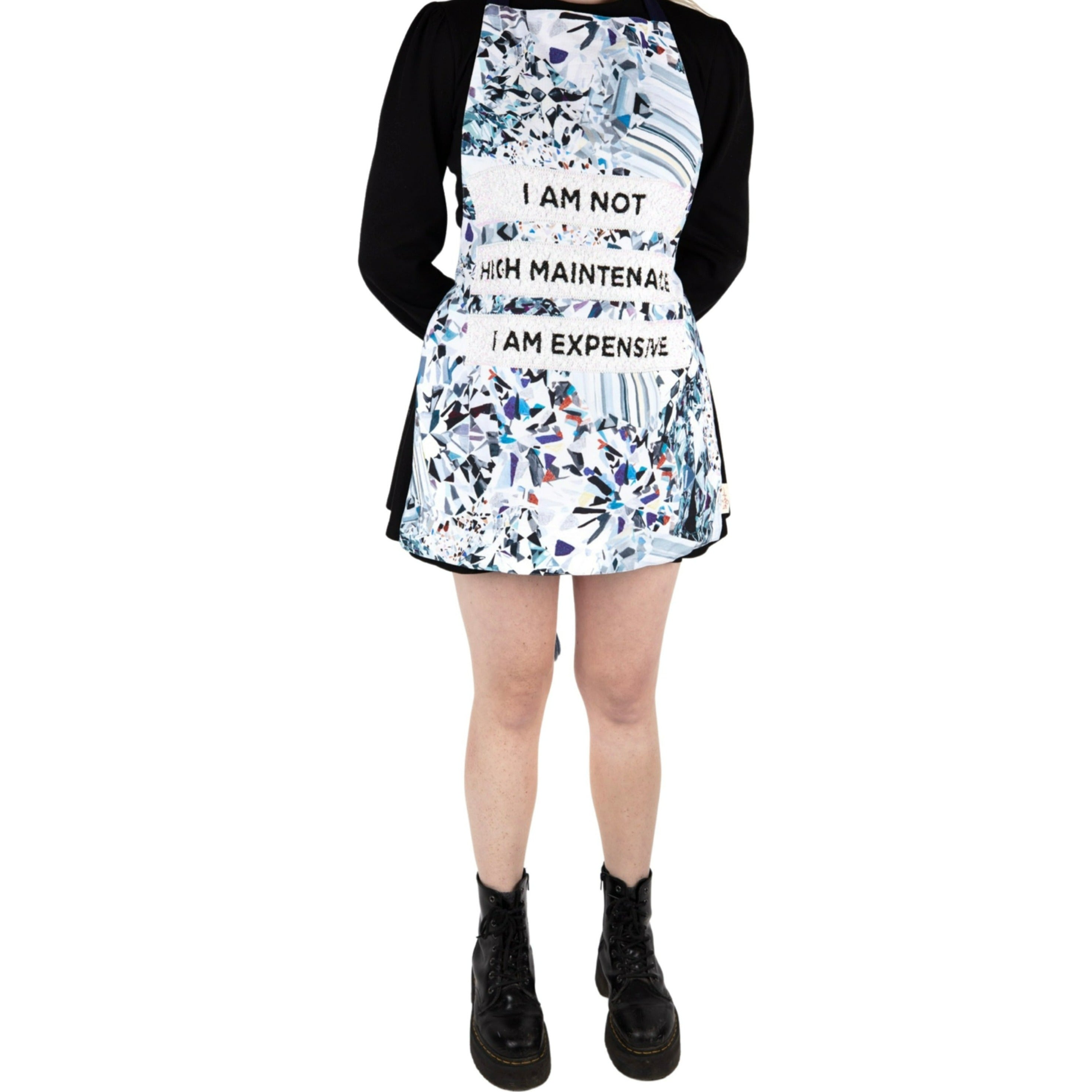 I made a fucking apron just for YOU!!! I Am Not High Maintenance. I Am Expensive. The good news is you can make your OWN damn money and buy whatever YOU want!! This apron is gemstone printed, hand-beaded GORGEOUSNESS and I made it just for YOU!! Be expensive... Be whatever you want!! YOU deserve it!! *One size fits most... Hand-embroidered linen with hand-beaded details. Dry Clean Only, Lightweight & Lined Linen Fabric, Ashley Longshore Signature Loop Tag.