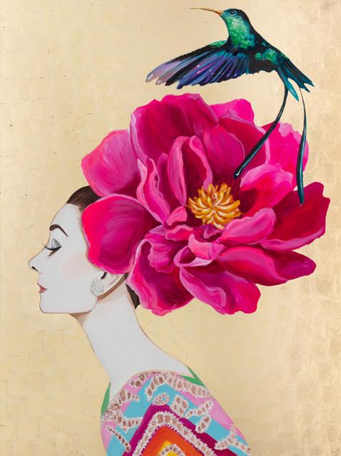 Audrey with Chinese Peony and Emerald Hummingbird